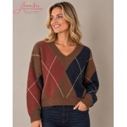 Blue Seven trui vhals wieber 248148 Bruin Marine Rood